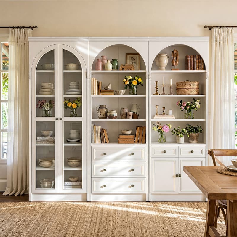 Modular White Bookcase with LED Lights & Glass Doors, 86.6" Tall Arched Display Cabinet Solid WoodStorage Cabinet