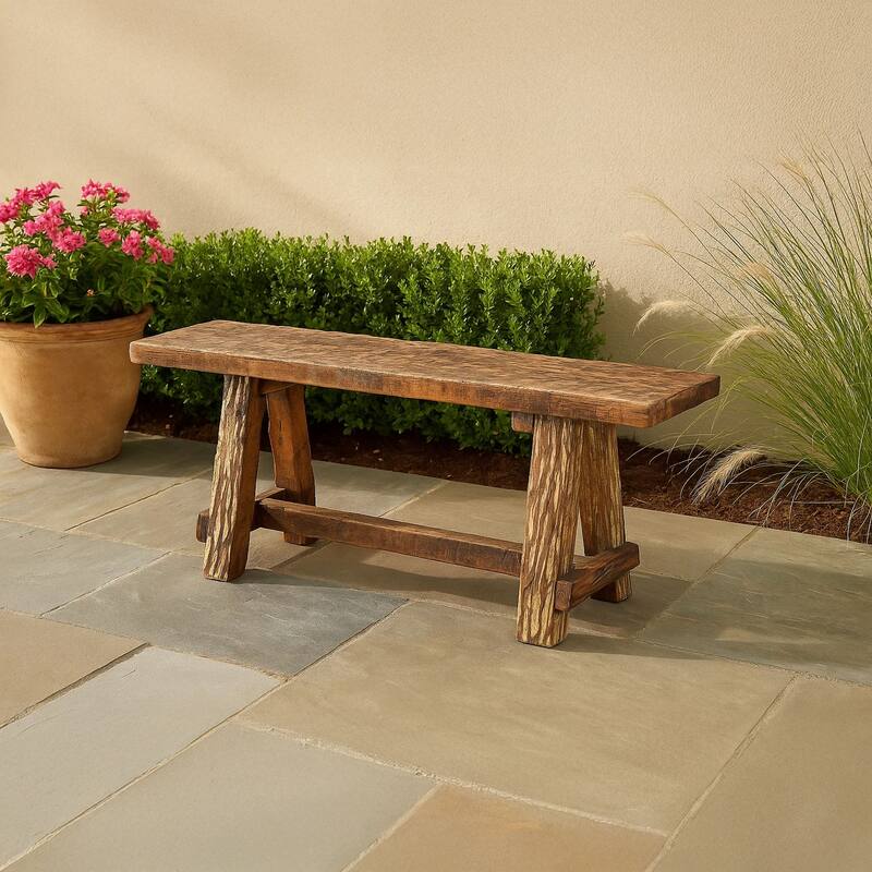 Wooden Garden Patio Bench With Retro Etching, Cappuccino Brown