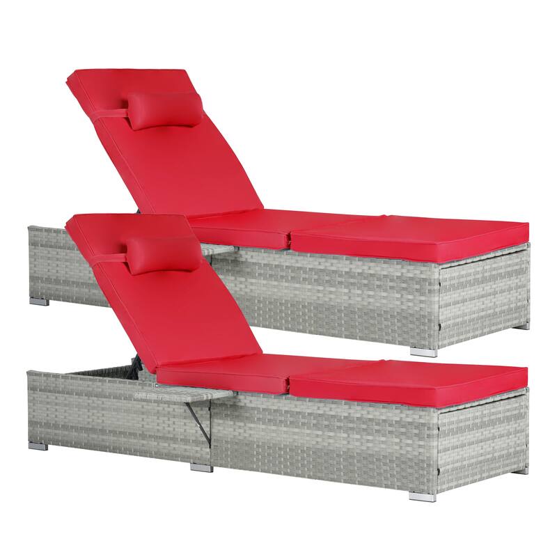 Outdoor Chaise Lounge Chair Set of 2 with Storage Patio Pool Chairs Tanning Lounges for Outside, Beach Rattan Recliners
