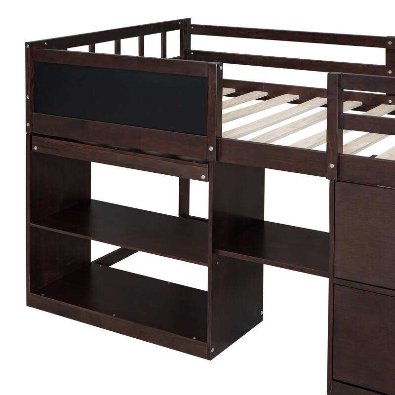Twin Size Low Loft Bed with Rolling Desk, Shelf, and Drawers in Espresso