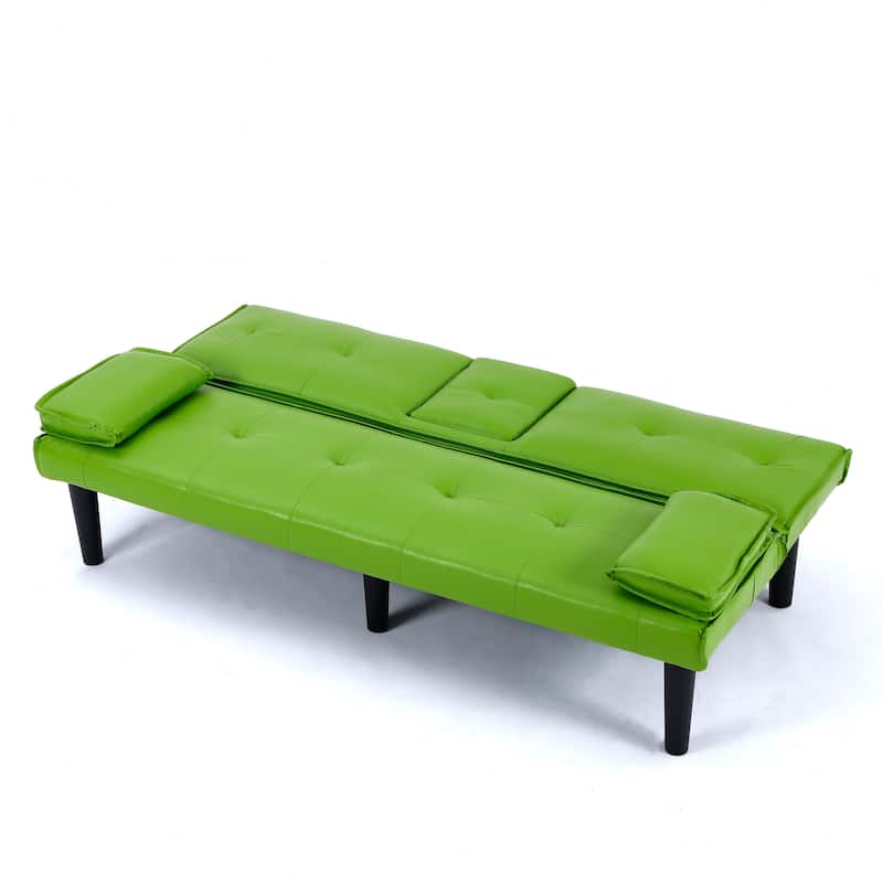 Convertible Loveseat Couch Adjustable Faux Leather Sleeper Sofa Bed with Coffee Table, Cup Holders and Removable Pillow Armrests