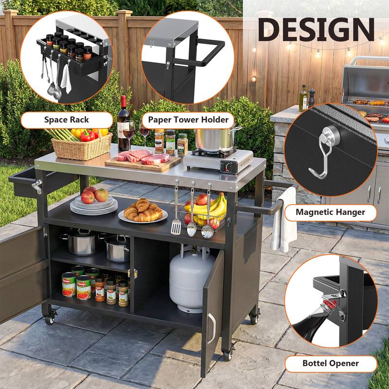 Pocassy Outdoor Grill Cart with Storage Cabinet Metal Kitchen Island Prep Table.