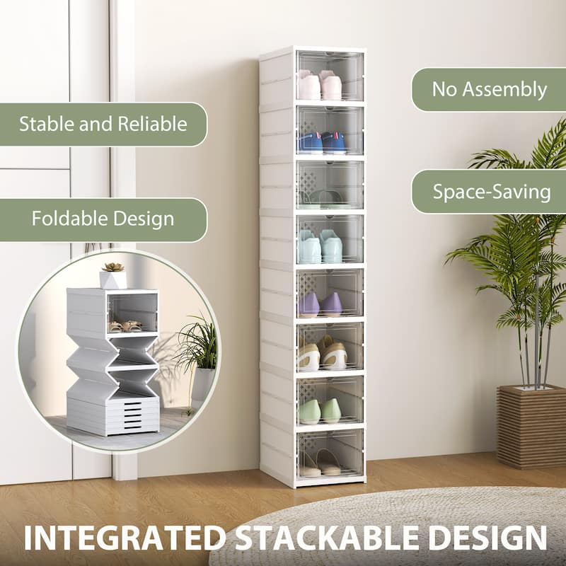 White PP ABS 8-Tier Foldable Shoe Organizer with Clear Doors - 10.2" W x 13.8" D x 55.1" H