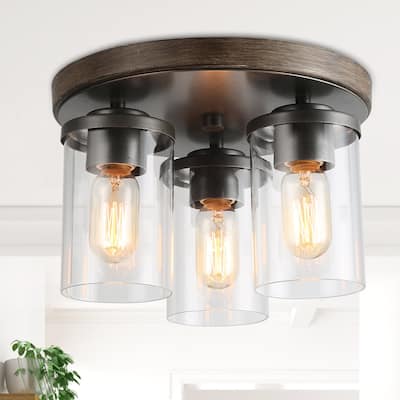 Farmhouse 3-Light Faux Wood Cluster Flush Mount Ceiling Light with Glass Shade