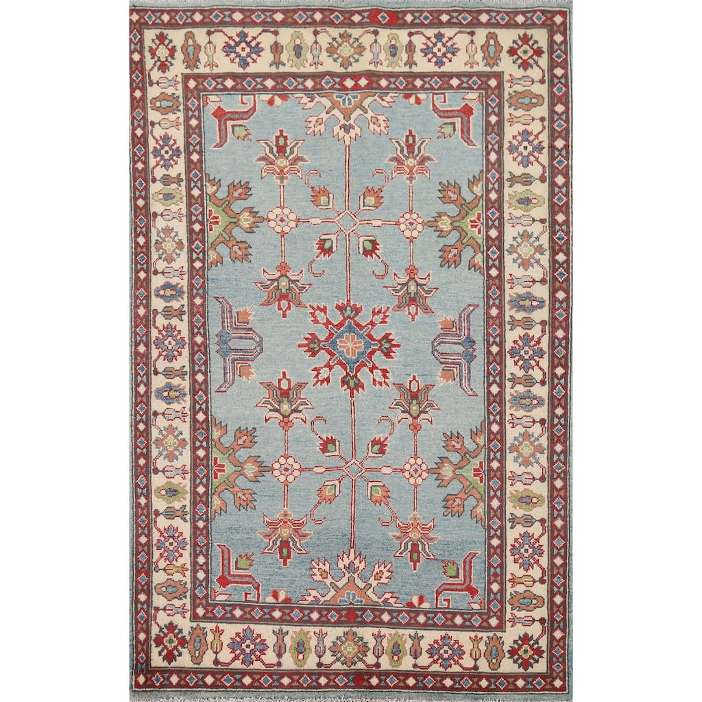 Light Blue Geometric Kazak Oriental Accent Rug Handmade Wool Carpet - 3'10" x 6'5"
