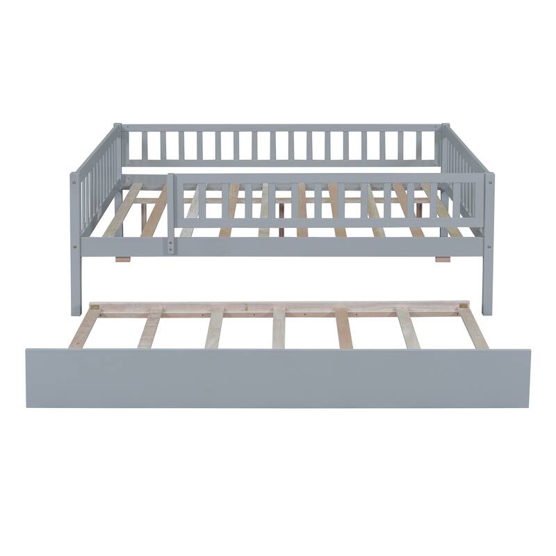 Full Size Wood Daybed with Trundle and Safety Guardrails, Space-Saving Design