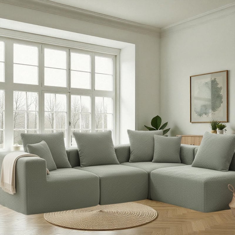 111" Modular Sectional Sofa with All-Foam Construction, Textured Upholstery and 6 Pillows, Low-Profile Couch for Living Room