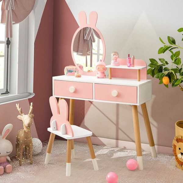 Gymax Kid Vanity Set Makeup Table Stool with Drawer Shelf