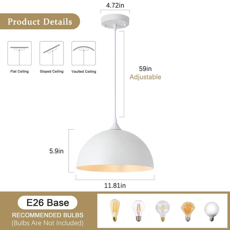 1-Light 11.81"W Metal Dome Pendant Ceiling Lights for Kitchen Island