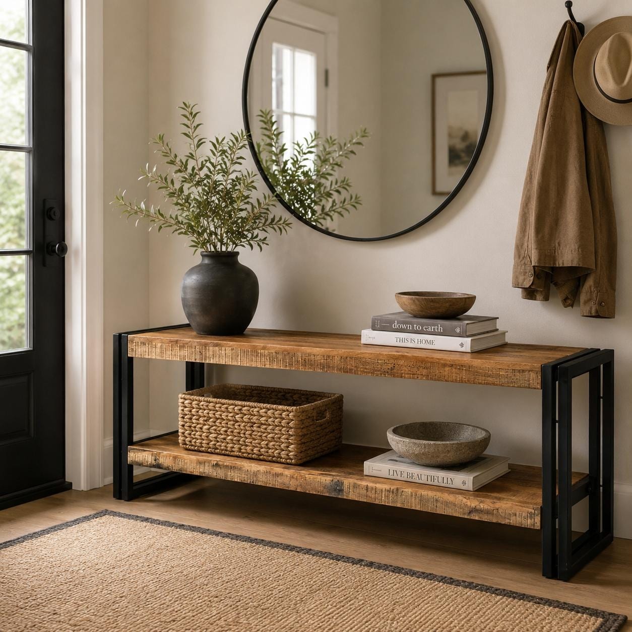 Handmade Timbergirl Reclaimed Wood and Metal Bench with Shelf (India) - 60"