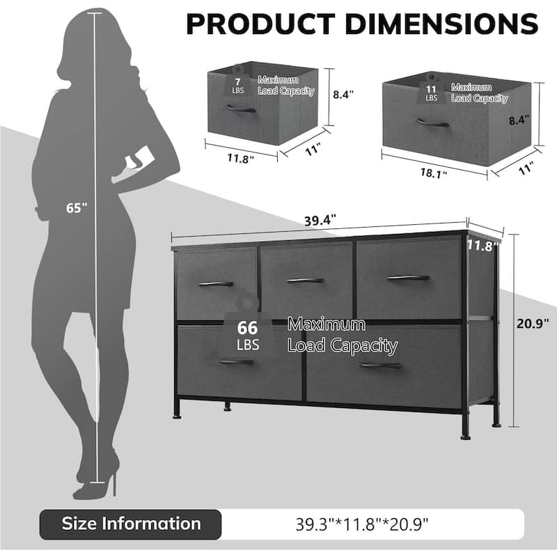 Dresser for Bedroom, Chests of Drawers, Storage Organizer with 5 Drawers, Sturdy Metal Frame, Wood Tabletop