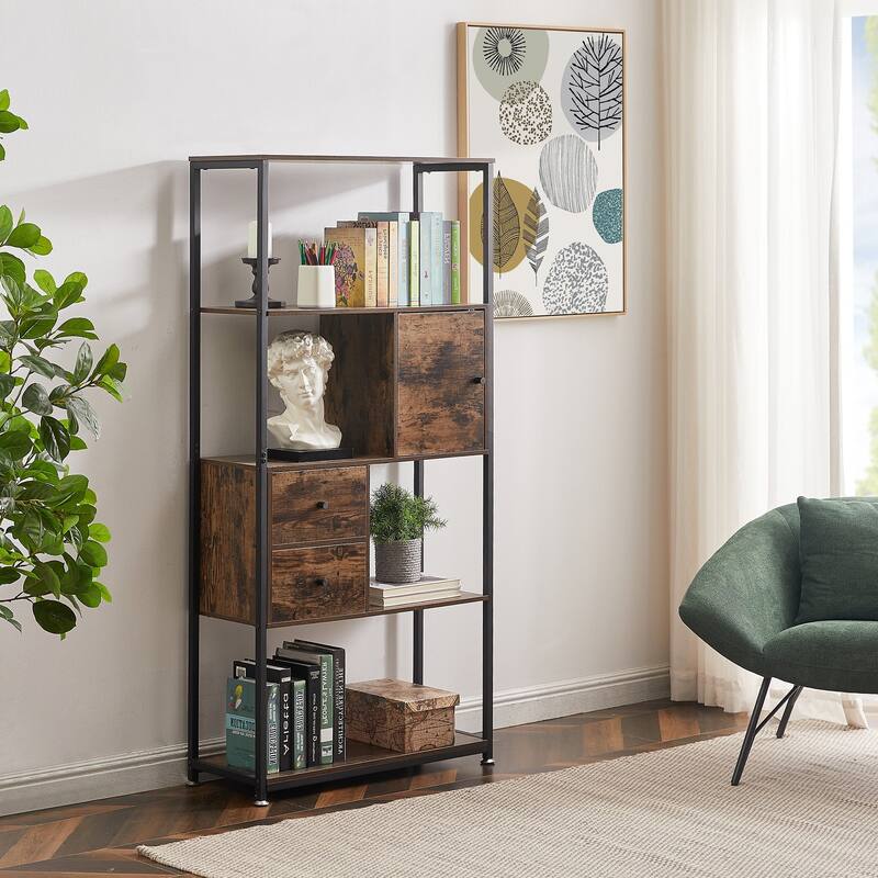 VECELO 4-Tier Book Shelf with 2 Storage Drawers and 1 Cabinet, Set of 2 Bookcase