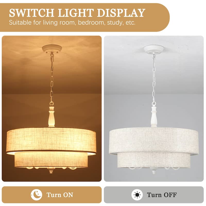 21.25-inch 5-light elegant retro metal chandelier with double-layer fabric lampshade and adjustable height
