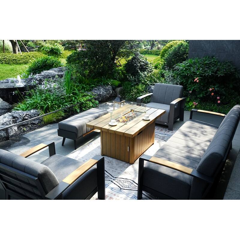5-Piece Patio Acrylic Sponge Chat Set with Fire Pit Table and Bench