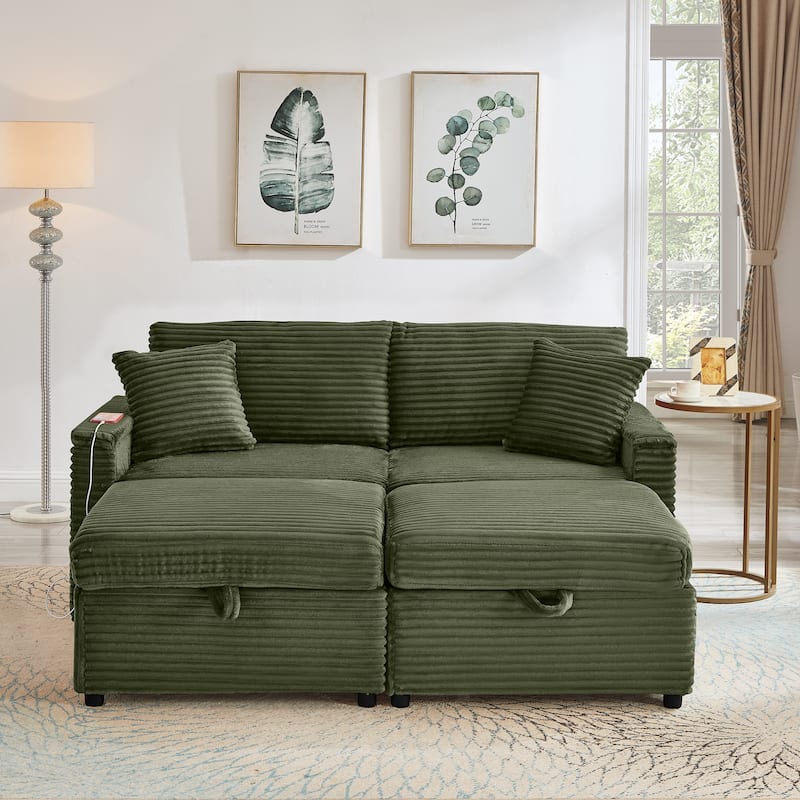 Modular Chaise Sleeper Sofa Bed, Corduroy Loveseat Couch & Storage Ottomans Set with Folding Table Boards and USB Ports