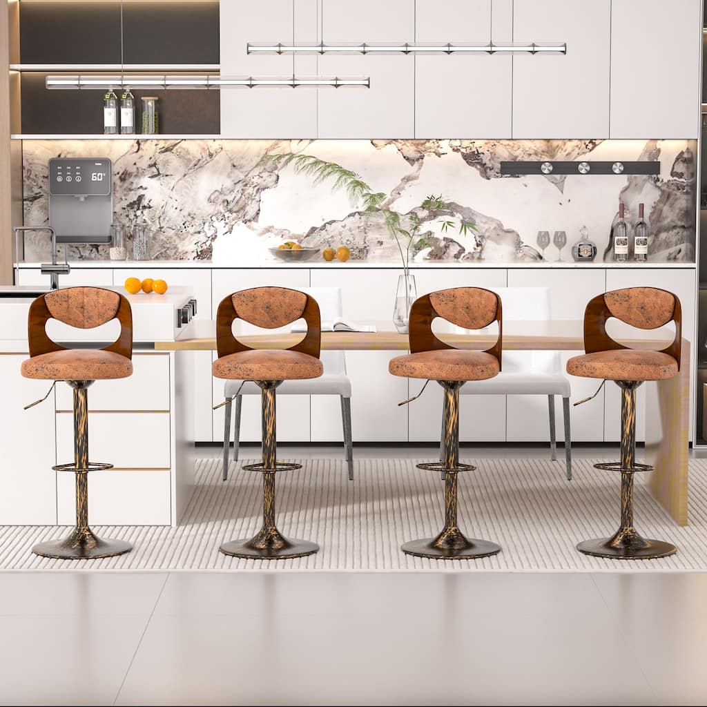 VECELO Set of 4 Adjustable Height Swivel Bar Stools with Back PU Leather Bentwood Barstools 330 lbs Capacity for Kitchen Counter