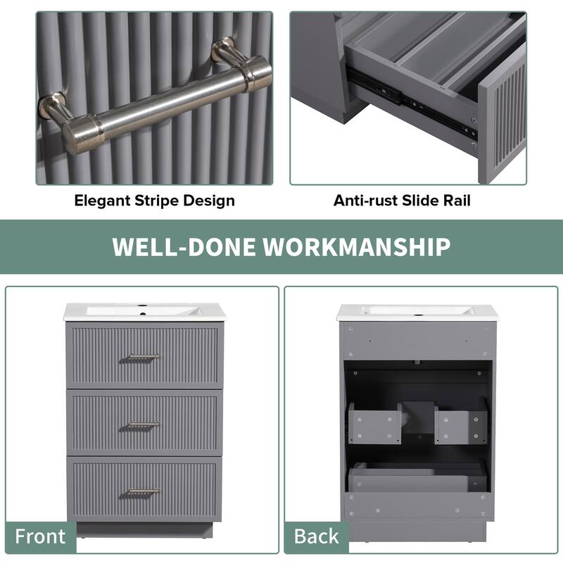 30" Freestanding Bathroom Vanity with Ceramic Sink and 2 Storage Drawers, Stylish Gray Floor Cabinet