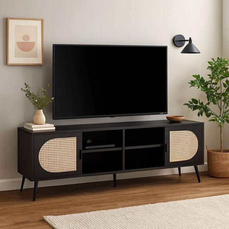 60 Inch TV Entertainment Center, Rattan Front 2 Cabinet, Metal Legs, Black
