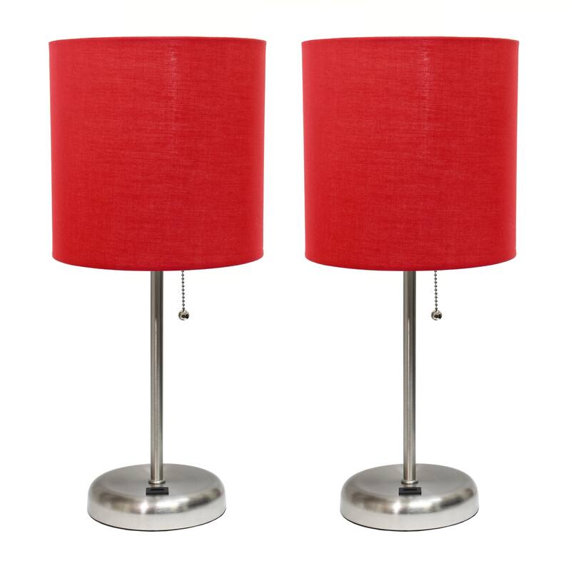 19.5 in. Brushed Steel Finish Table Lamp with Red Shade, Durable Stick Lamp for End/Side Tables, Set of 2