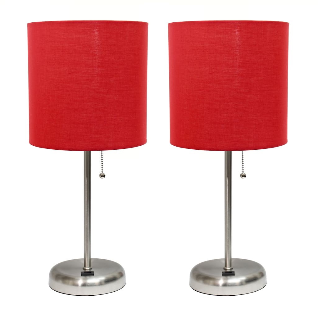 19.5 in. Brushed Steel Finish Table Lamp with Red Shade, Durable Stick Lamp for End/Side Tables, Set of 2