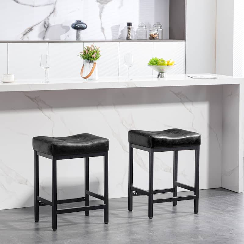 Upholstered PU Leather Bar Stools Set of 2, 24" Counter Height Saddle Bar Stools