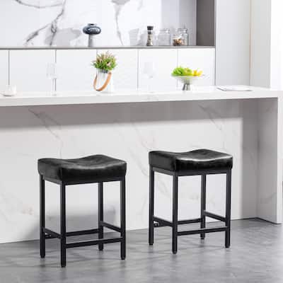 Upholstered PU Leather Bar Stools Set of 2, 24" Counter Height Saddle Bar Stools