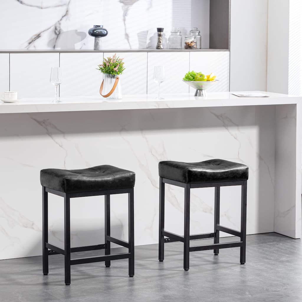 Upholstered PU Leather Bar Stools Set of 2, 24" Counter Height Saddle Bar Stools