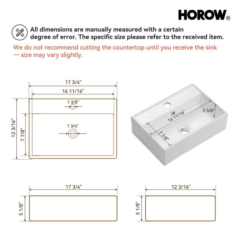 HOROW Rectangular Wall-Mount Install or On Countertop Bathroom Sink 17.72 in. with Single Faucet Hole in White