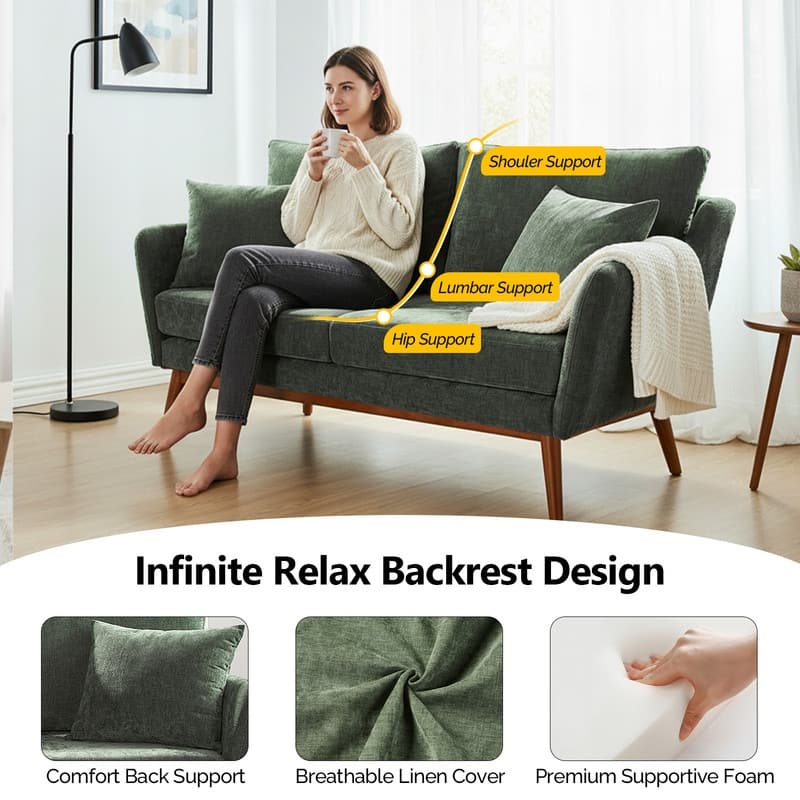 Linen Blend Mid-Century Modern Small Spaces Loveseat Two-Seater Sofa With Solid Wood Base