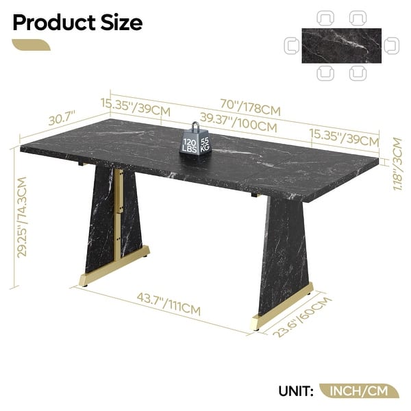 dimension image slide 1 of 2, 70'' Wood Dining Tables with Metal Base For 6-8 People , Rectangle Kitchen Table & Brown Computer Desk For Home Office