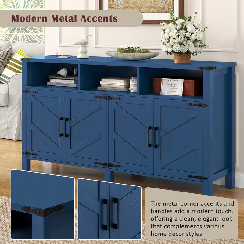 59" Modern 4-Door Sideboard with Power Outlets, USB Ports, Adjustable Shelves & Half-Open Storage Cabinet