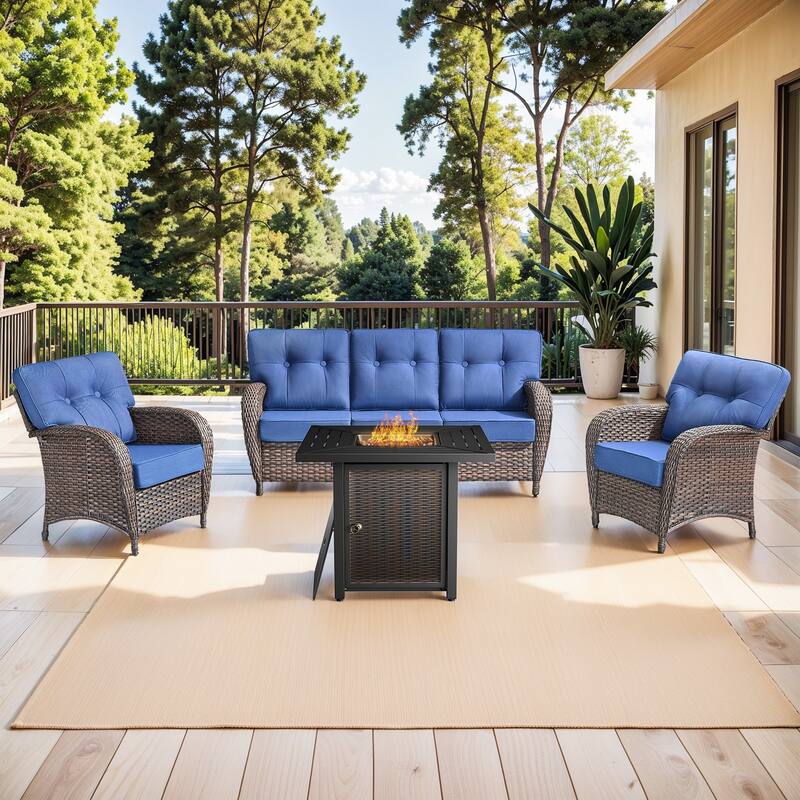 Pocassy Outdoor 30 In Fire Table with Sofa Patio Swivel Chair Set - Brown Wicker Blue Cushion - 6-Piece Sofa Patio Chair with Fire Pit Table