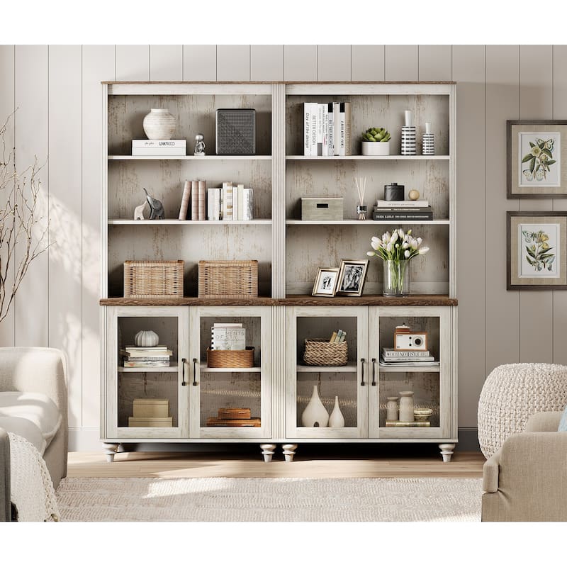 Rustic White Bookcase with Doors, Large Wood Farmhouse Book Case Shelf - 4 doors