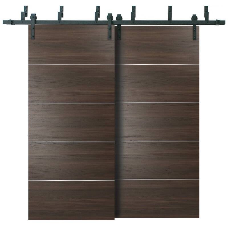 Double Bypass Barn Sliding Brown Doors 6.6FT Rails - Brown - 60" x 80"
