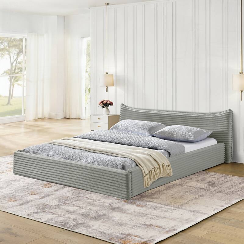 Grounded Platform Bed with Decorative Curved Headboard and Solid Wood Frame