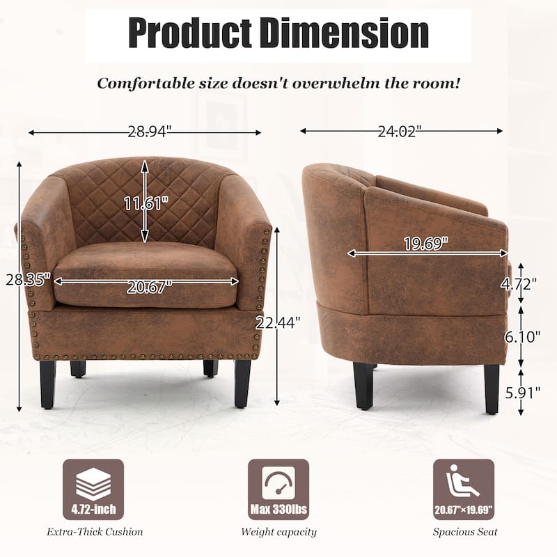 HOMEFUN Leather Upholstered Nailhead Wooden Frame Barrel Club Chair with Solid Woood Legs