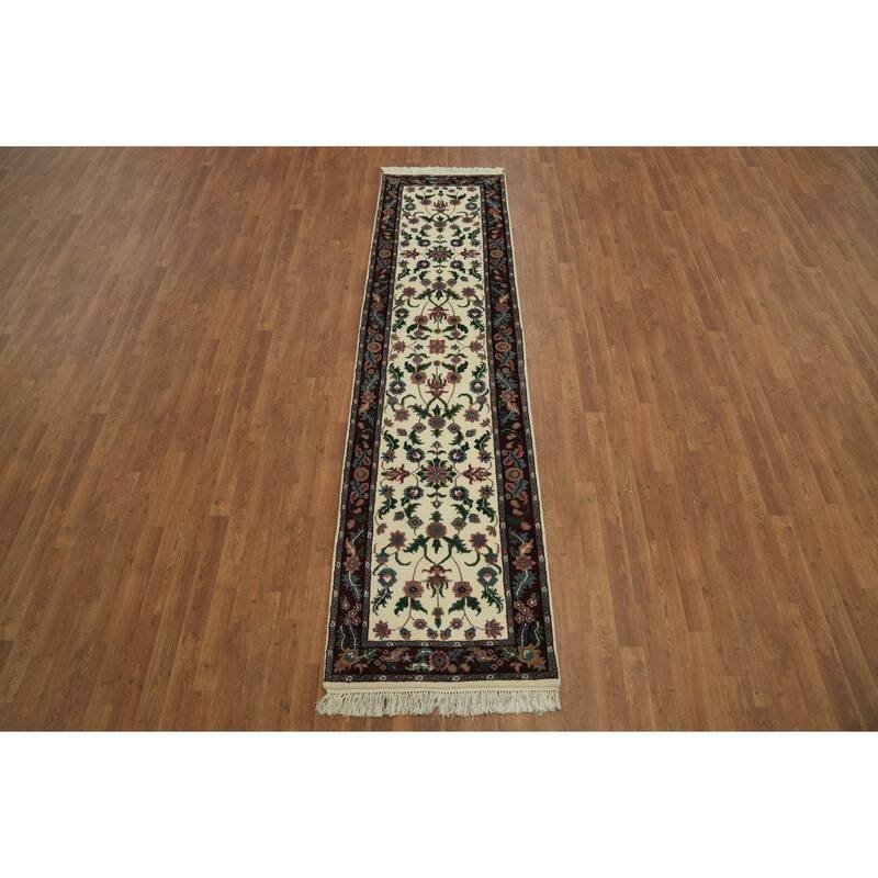 Hand Knotted Oriental 100% Wool Carpet Traditional All-Over Beige & Ivories Kashan Runner Rug - 9' 9'' X 2' 7''
