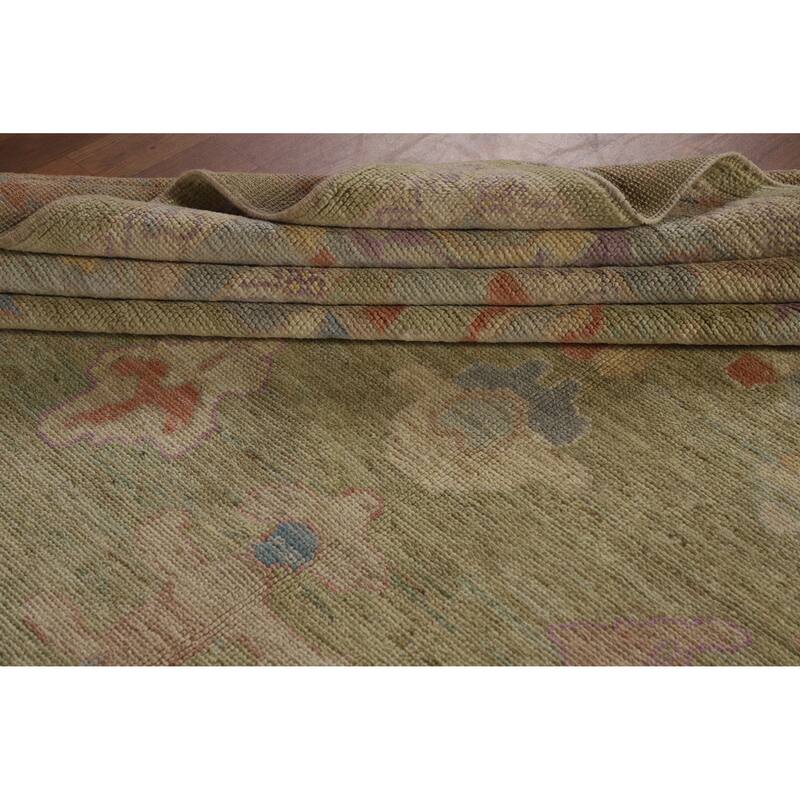 Hand Knotted Oriental 100% Wool Carpet Transitional All-Over Green Oushak Area Rug - 12' 5'' X 9' 3''