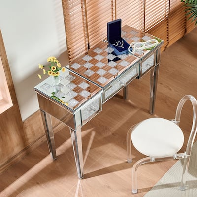 Mirrored Makeup Vanity Desk with Crushed Diamond Inlay, Silver Dressing Table with Flip-Top Mirror, Glass Console Table