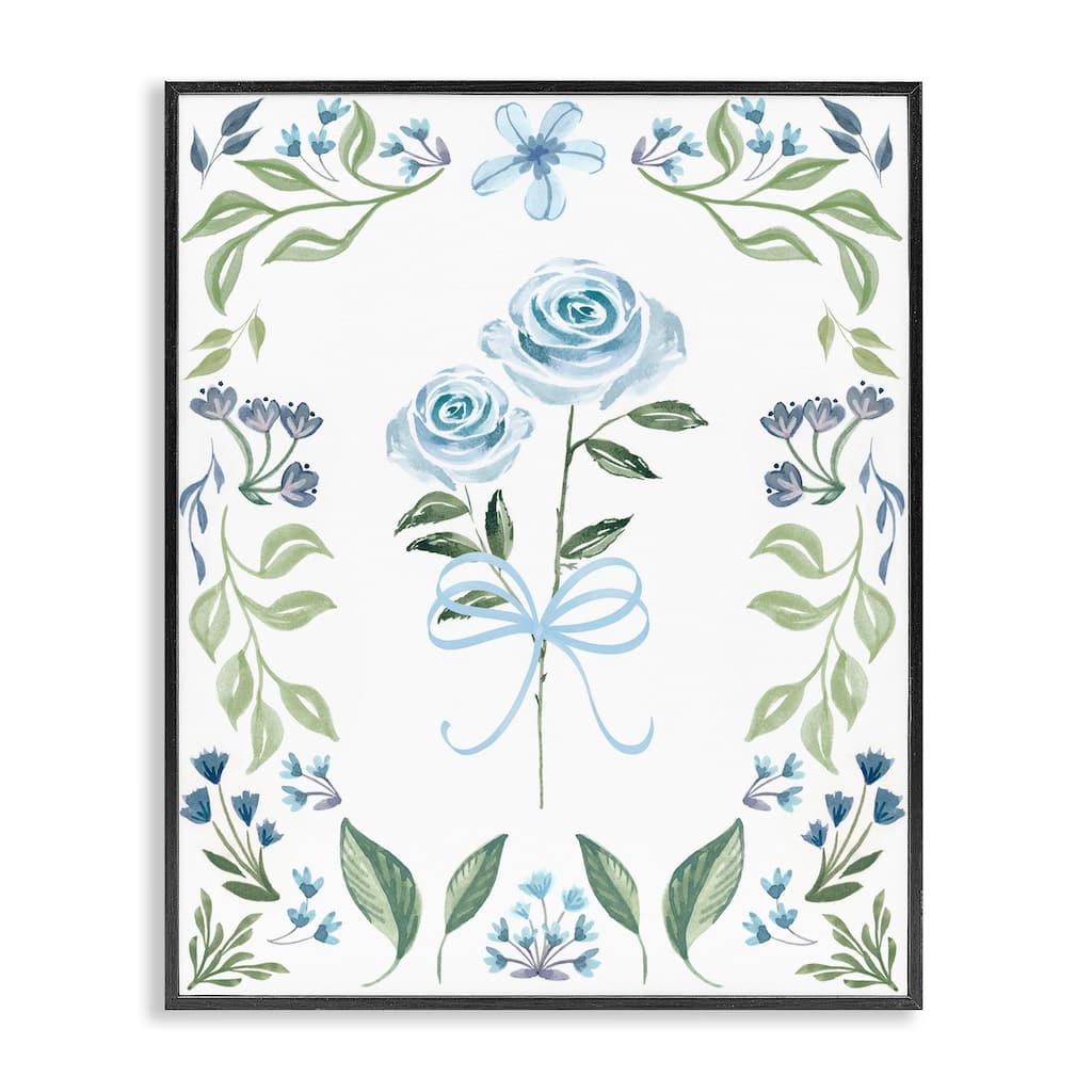 Stupell Blue Roses & Floral Border Framed Giclee Art Design By Kristen Brockmon