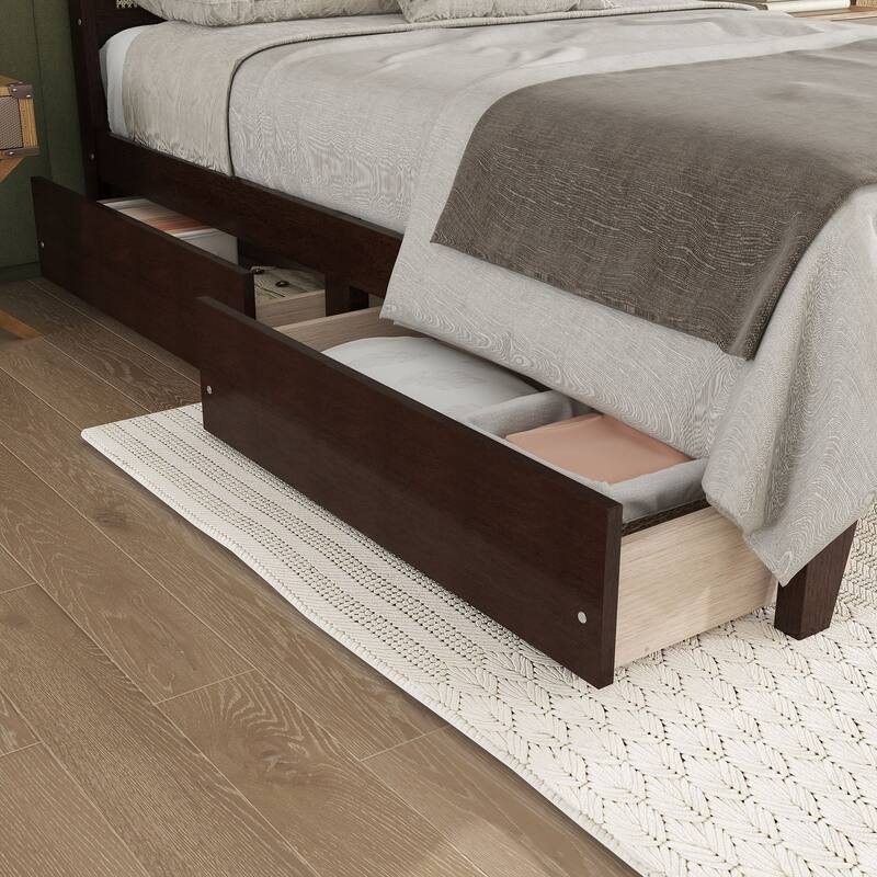 White Oak Full Size Bed with Woven Rattan Headboard, Two Storage Drawers, Rubberwood Frame