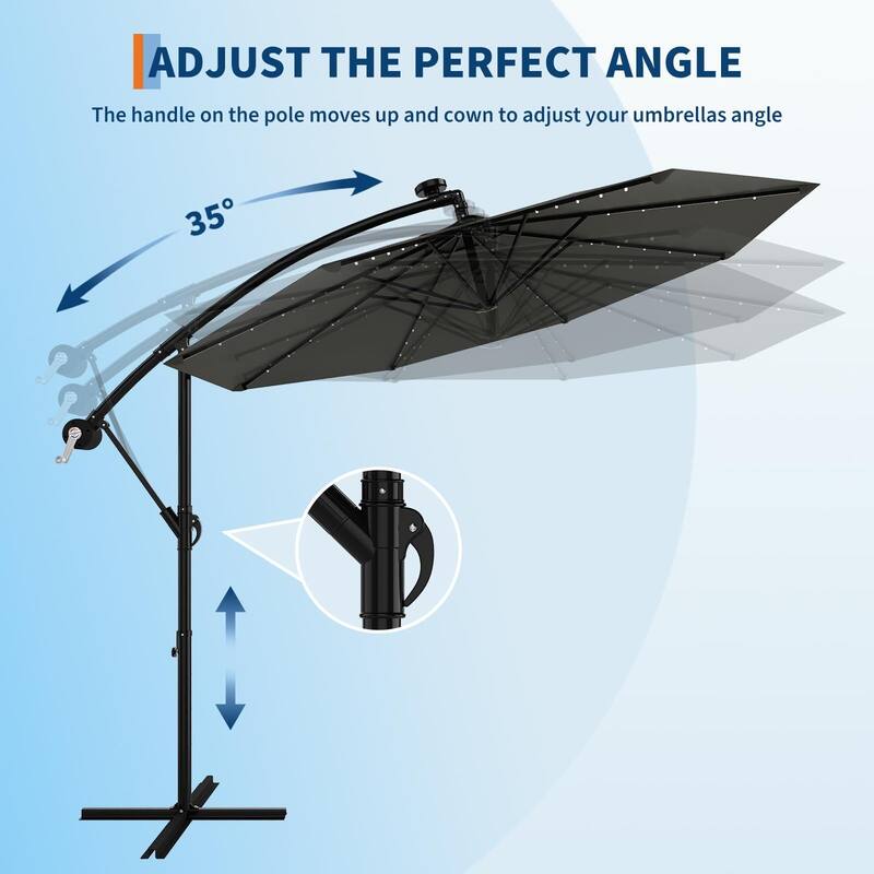 Coromose 10FT Solar Cantilever Patio Umbrella, 8 Ribs, 32 LED Lights