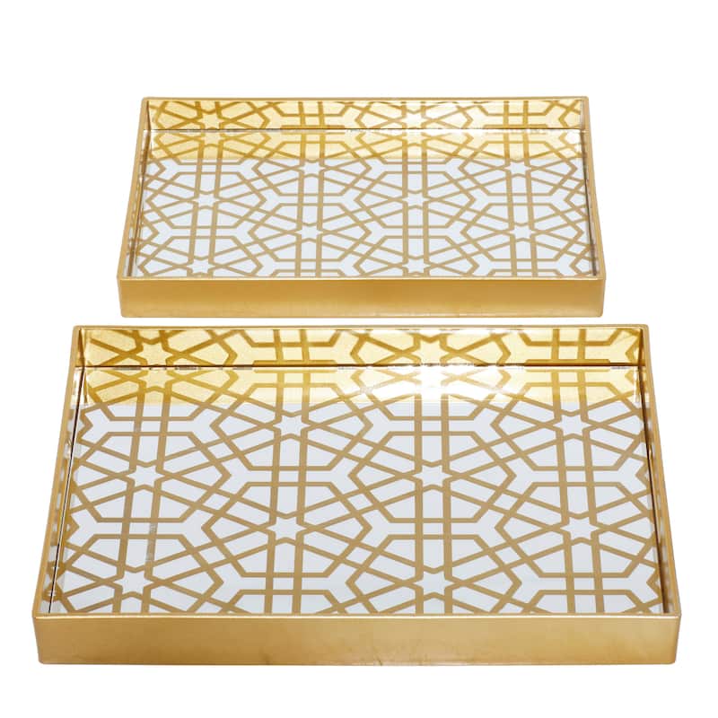 CosmoLiving by Cosmopolitan Gold Plastic Mirrored Geometric Living Room Decor Tray (Set of 2) - S/2 14", 16"W