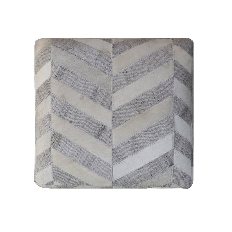 18" Gray and Ivory Hair on Hide Cube Chevron Pouf Ottoman
