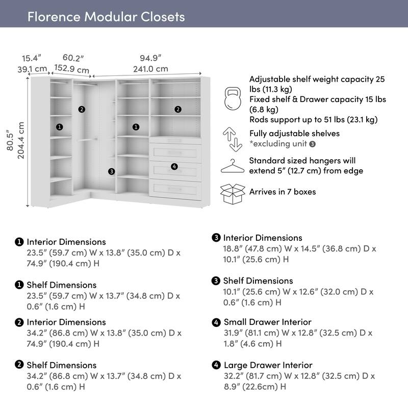 Bestar Florence 95W x 61D L Shaped Walk-In Closet System, Shaker
