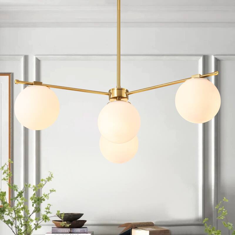 4-Light Mid-Century Modern Gold Metal Globe Pendant Light - Frosted Glass Sphere Fixture for Dining Room - 4 Light - Gold - 4 Light
