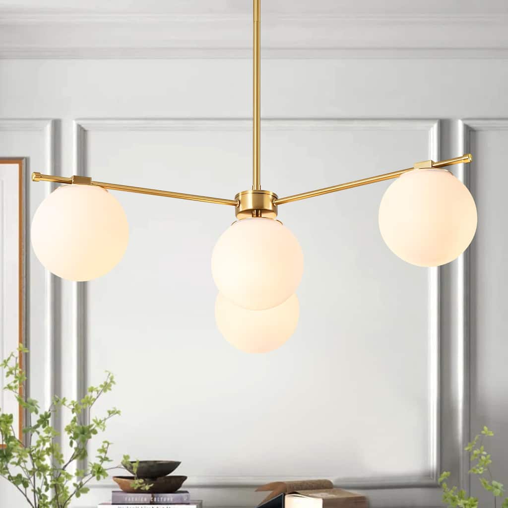 4-Light Mid-Century Modern Gold Metal Globe Pendant Light - Frosted Glass Sphere Fixture for Dining Room - 4 Light