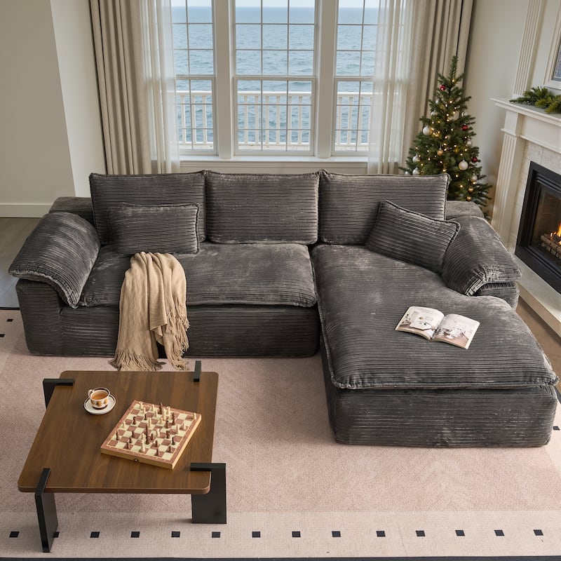 HOOOWOOO Modern Corduroy Fabric L-shaped Sectional Couch Chaise Sofa - Grey-RightChaise