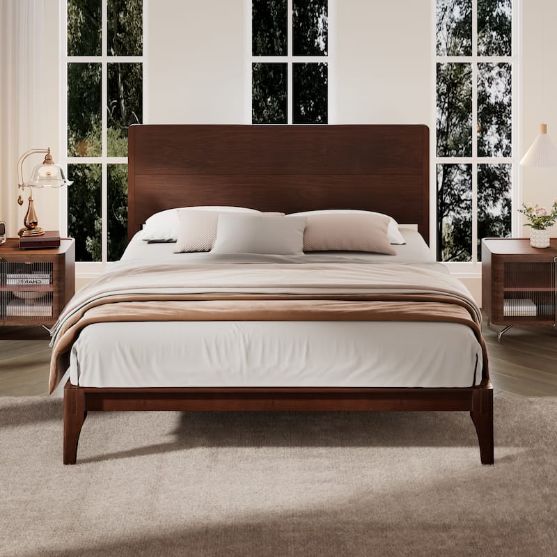 Full/Queen/King Bamboo Platform Bed, Mid-Century Modern Bed Frame with Tall Headboard, Wood Slat Support, No Box Spring Needed - Chocolate - King