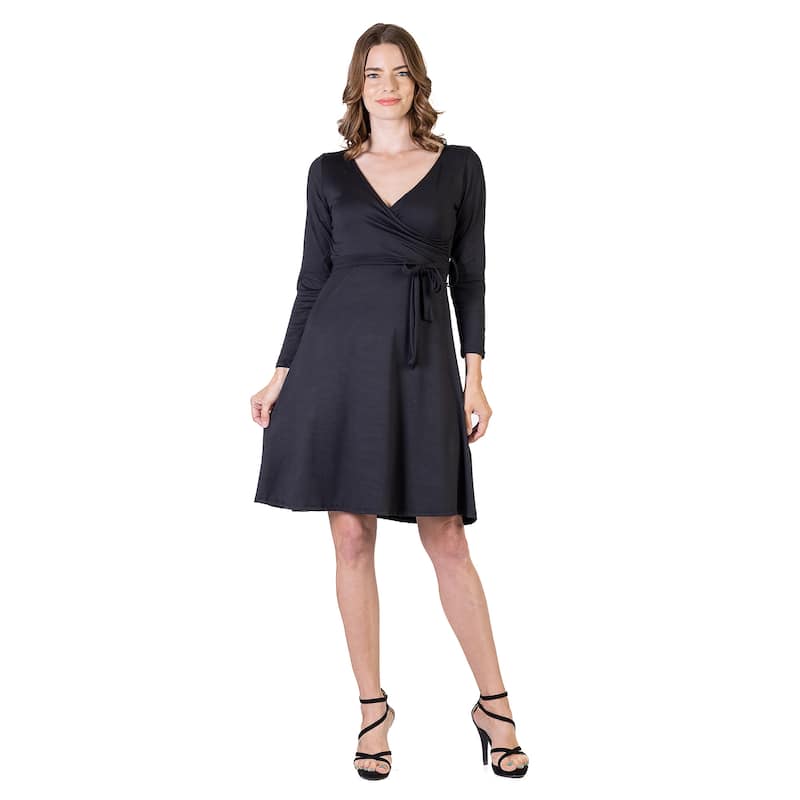 24seven Comfort Apparel Chic V-Neck Long Sleeve Belted Dress - Black - L